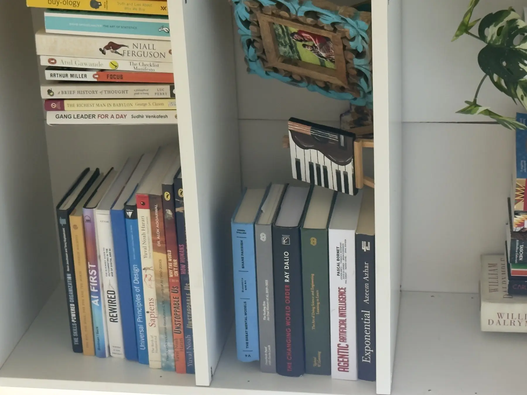 Photograph of Gagan Sachdeva's bookshelf with AI, systems, business, and history books